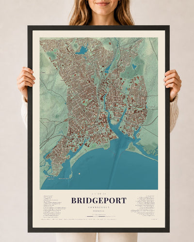 Bridgeport, Connecticut map print, 24" x 36", W/ Black Ayous Wood Frame