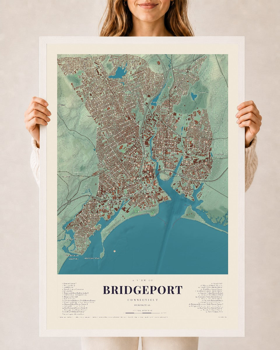 Bridgeport, Connecticut map print, 24" x 36", W/ White Ayous Wood Frame