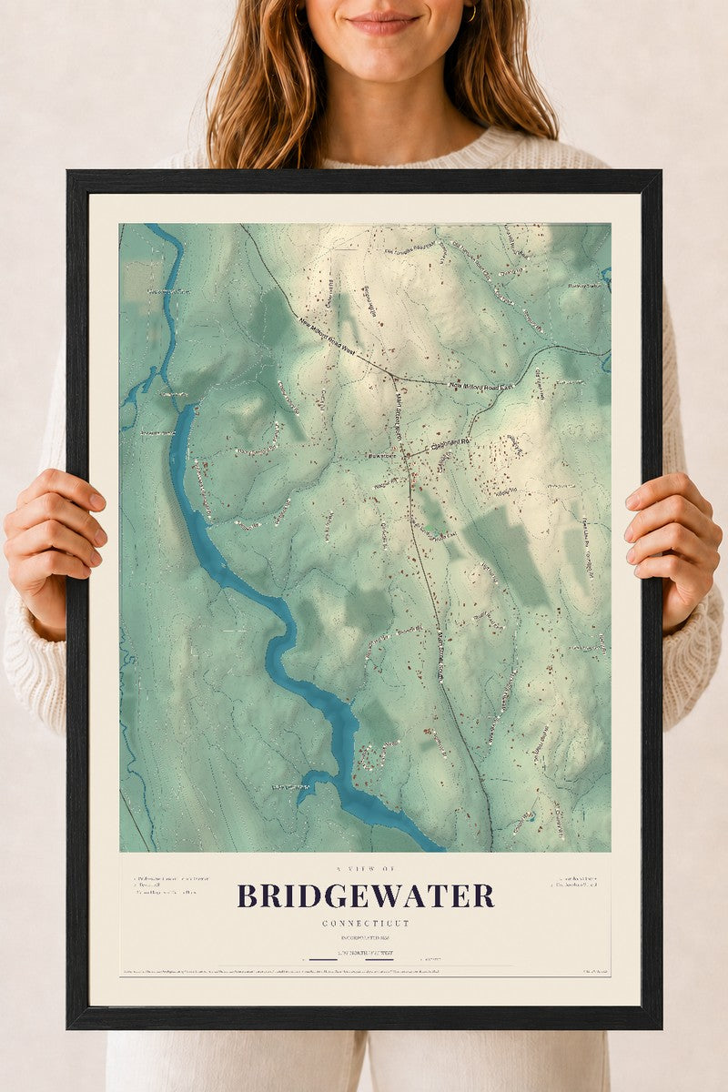 Bridgewater, Connecticut map print, 18" x 24", W/ Black Ayous Wood Frame