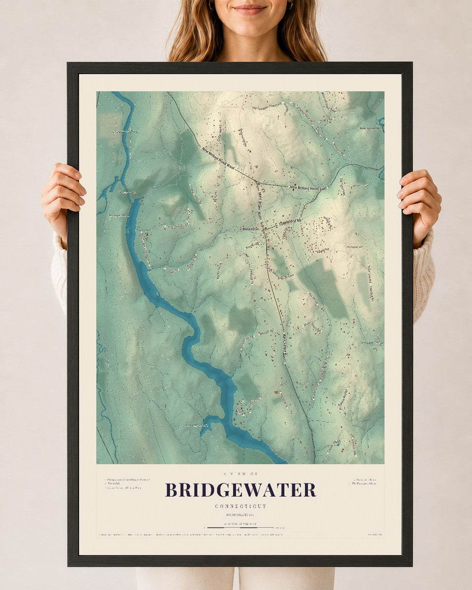 Bridgewater, Connecticut map print, 24" x 36", W/ Black Ayous Wood Frame