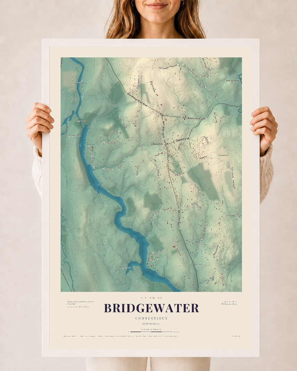 Bridgewater, Connecticut map print, 24" x 36", W/ White Ayous Wood Frame