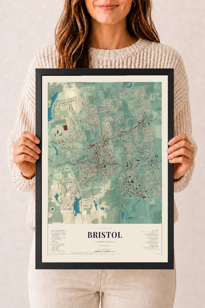 Bristol, Connecticut map print, 12" x 18", W/ Black Ayous Wood Frame