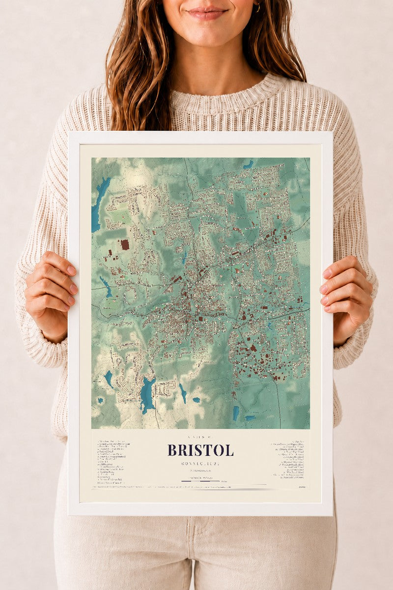 Bristol, Connecticut map print, 12" x 18", W/ White Ayous Wood Frame