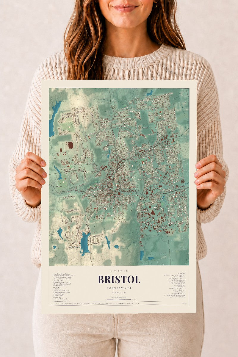 Bristol, Connecticut map print, 12" x 18", Archival Matte Print