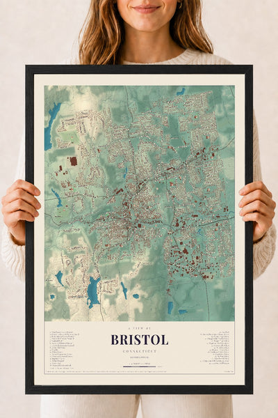 Bristol, Connecticut map print, 18" x 24", W/ Black Ayous Wood Frame