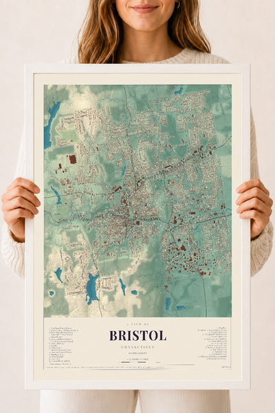 Bristol, Connecticut map print, 18" x 24", W/ White Ayous Wood Frame