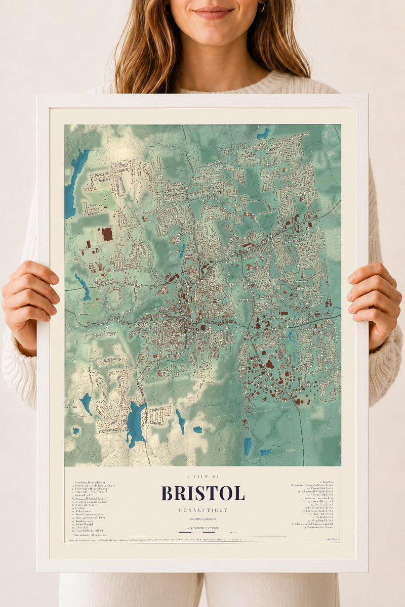 Bristol, Connecticut map print, 18" x 24", W/ White Ayous Wood Frame
