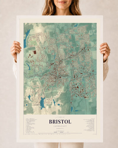Bristol, Connecticut map print, 24" x 36", W/ White Ayous Wood Frame