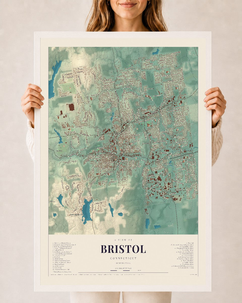 Bristol, Connecticut map print, 24" x 36", W/ White Ayous Wood Frame