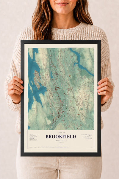 Brookfield, Connecticut map print, 12" x 18", W/ Black Ayous Wood Frame