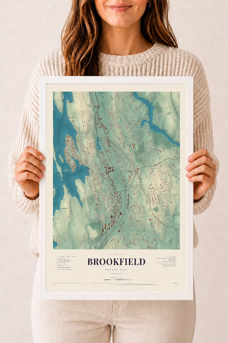 Brookfield, Connecticut map print, 12" x 18", W/ White Ayous Wood Frame