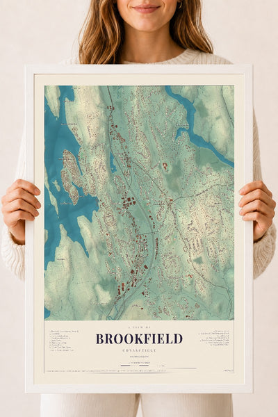 Brookfield, Connecticut map print, 18" x 24", W/ White Ayous Wood Frame
