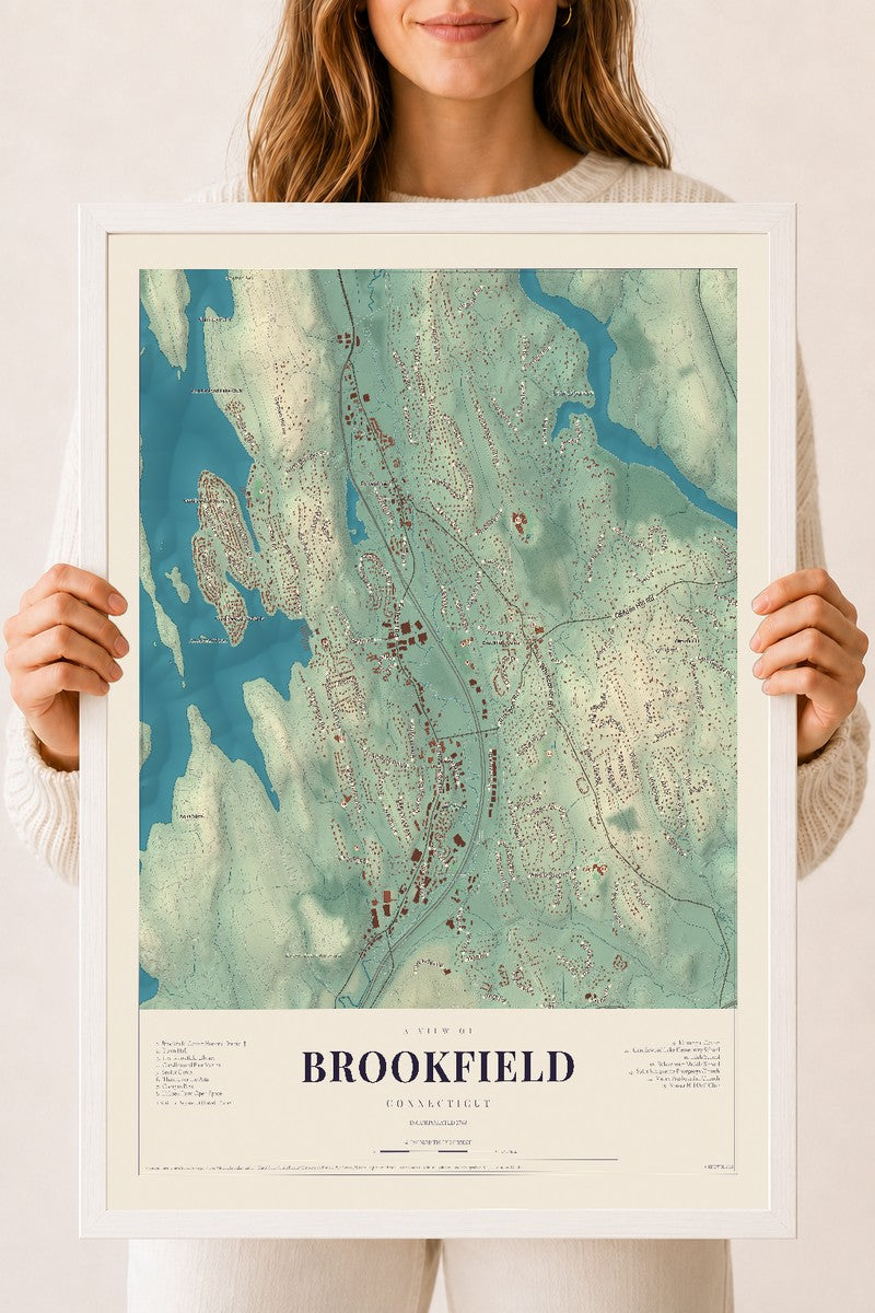 Brookfield, Connecticut map print, 18" x 24", W/ White Ayous Wood Frame