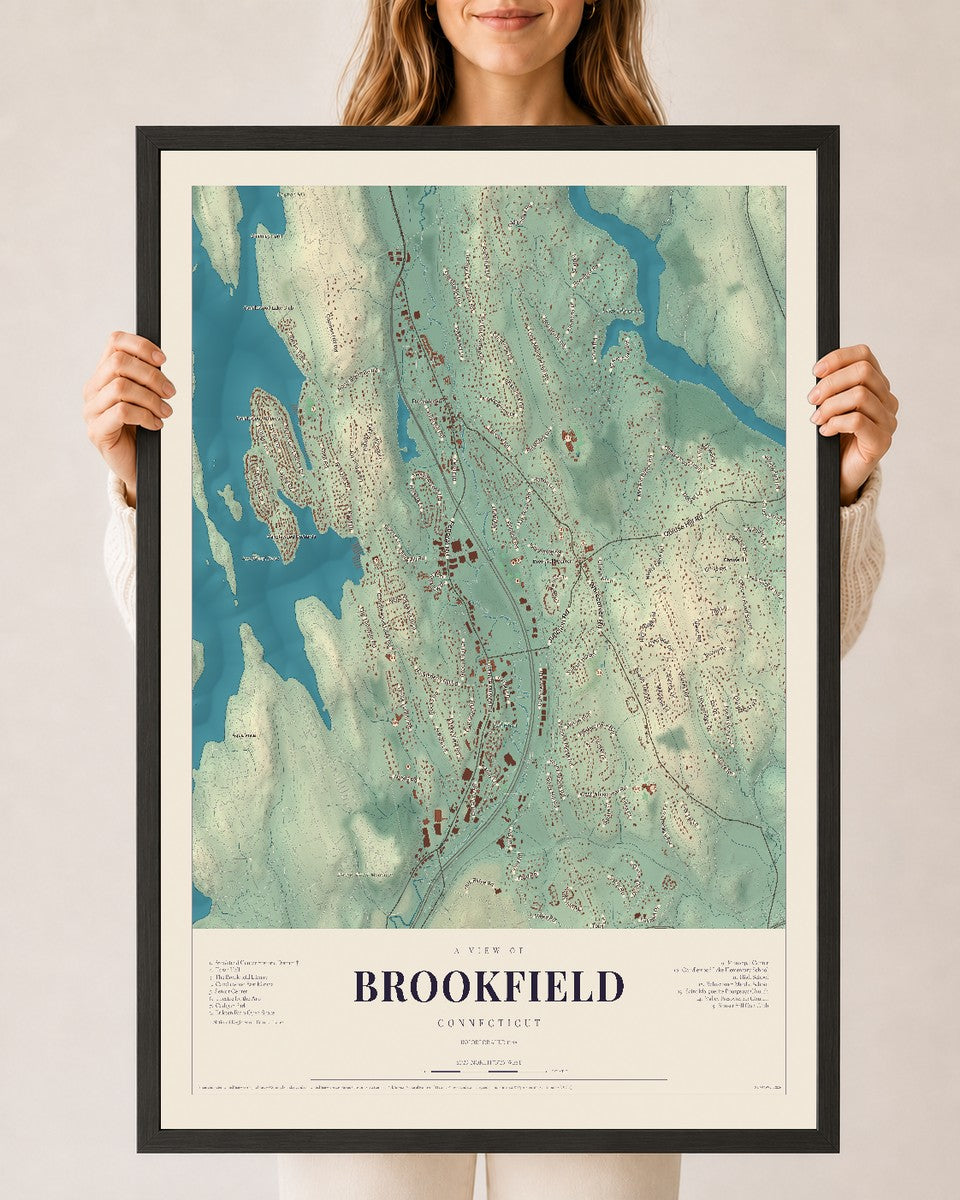 Brookfield, Connecticut map print, 24" x 36", W/ Black Ayous Wood Frame