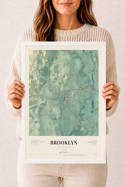 Brooklyn, Connecticut map print, 12" x 18", W/ White Ayous Wood Frame