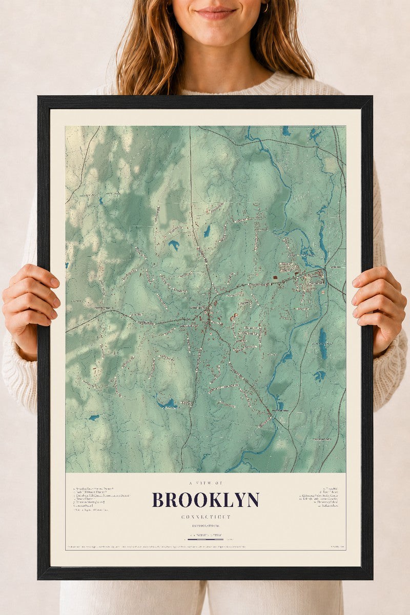 Brooklyn, Connecticut map print, 18" x 24", W/ Black Ayous Wood Frame