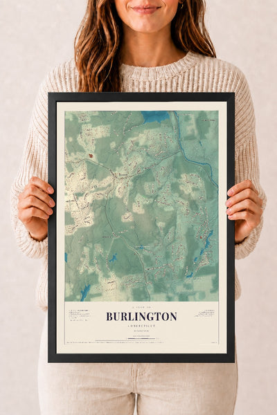 Burlington, Connecticut map print, 12" x 18", W/ Black Ayous Wood Frame