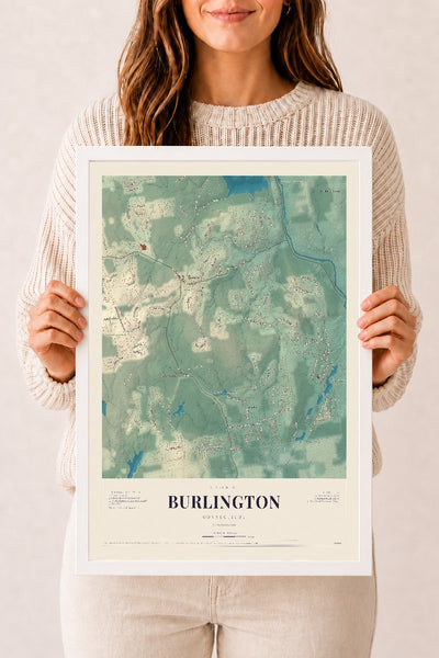 Burlington, Connecticut map print, 12" x 18", W/ White Ayous Wood Frame