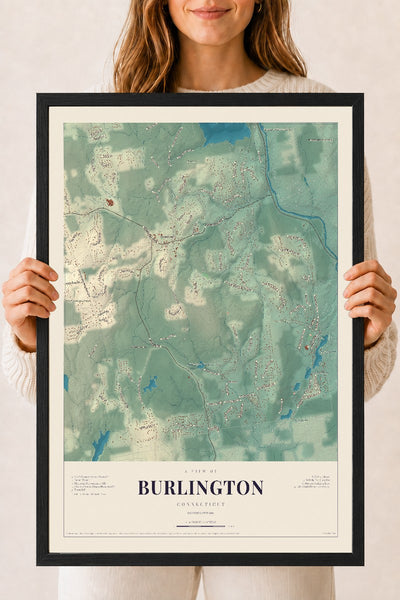 Burlington, Connecticut map print, 18" x 24", W/ Black Ayous Wood Frame