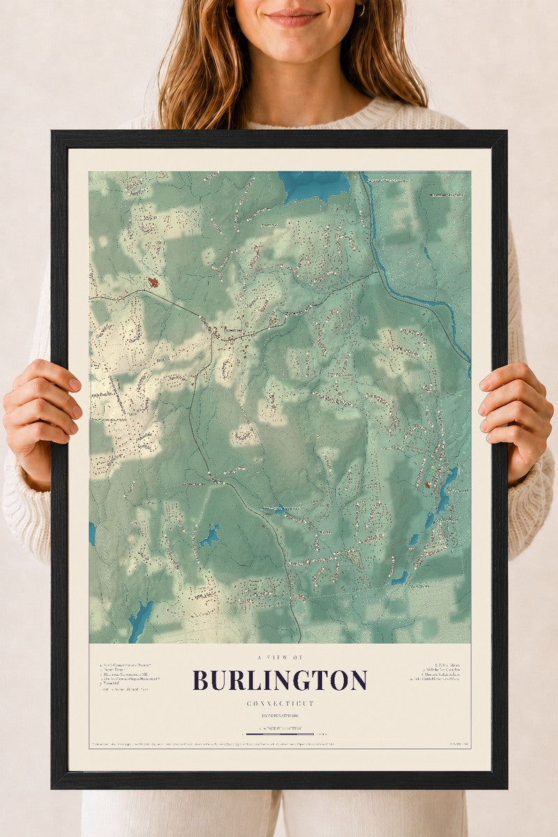 Burlington, Connecticut map print, 18" x 24", W/ Black Ayous Wood Frame