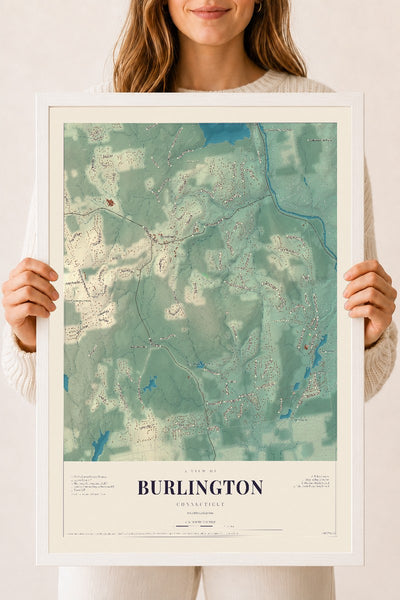 Burlington, Connecticut map print, 18" x 24", W/ White Ayous Wood Frame