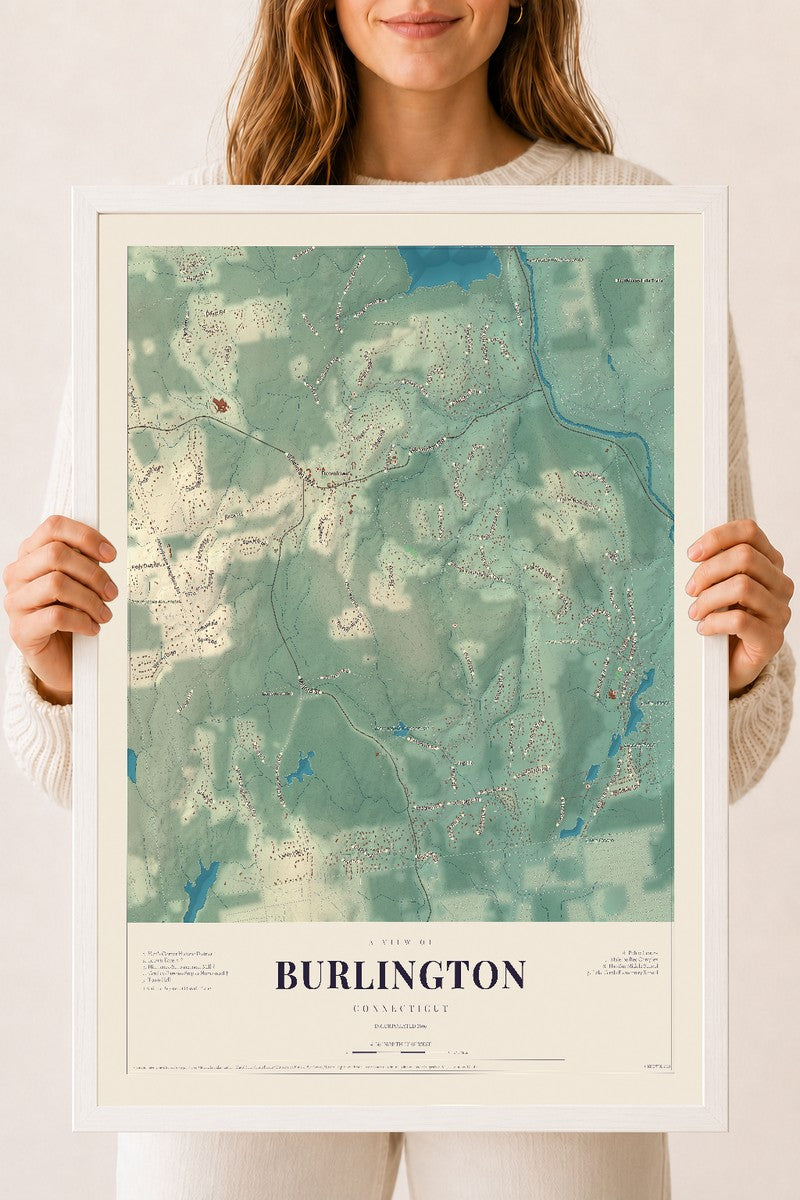 Burlington, Connecticut map print, 18" x 24", W/ White Ayous Wood Frame
