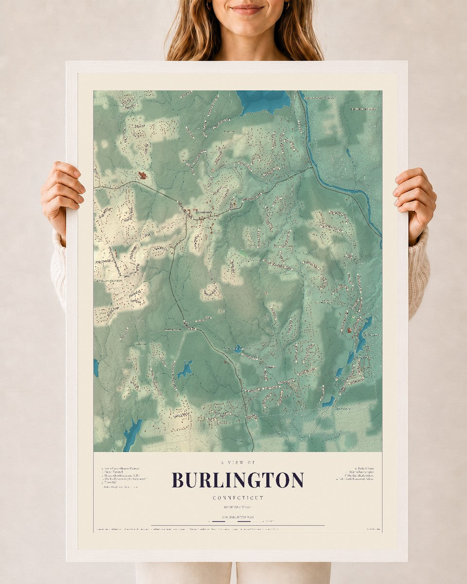Burlington, Connecticut map print, 24" x 36", W/ White Ayous Wood Frame