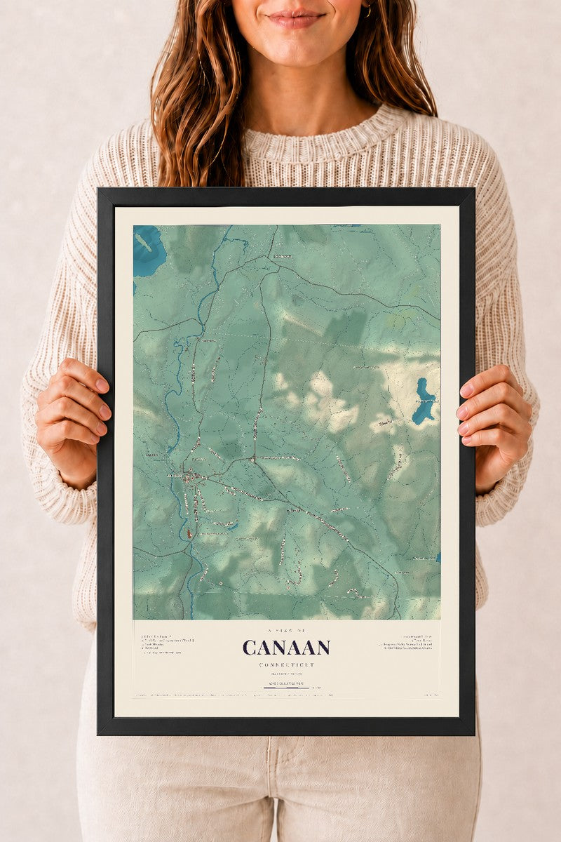 Canaan, Connecticut map print, 12" x 18", W/ Black Ayous Wood Frame