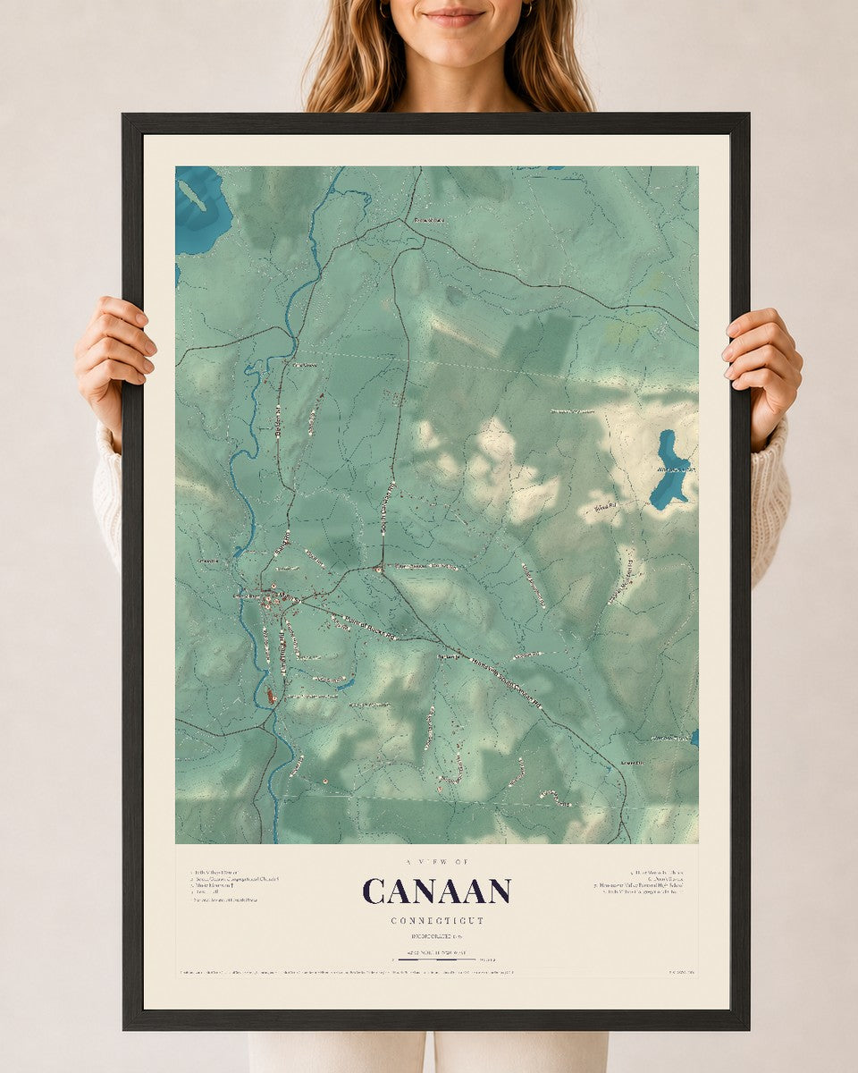 Canaan, Connecticut map print, 24" x 36", W/ Black Ayous Wood Frame