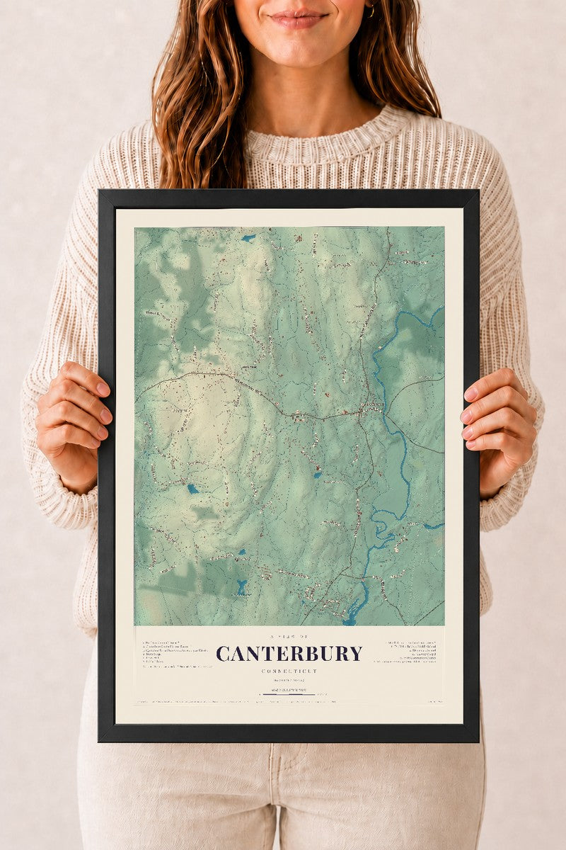 Canterbury, Connecticut map print, 12" x 18", W/ Black Ayous Wood Frame
