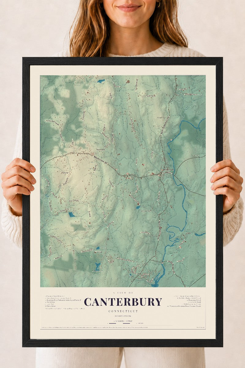 Canterbury, Connecticut map print, 18" x 24", W/ Black Ayous Wood Frame