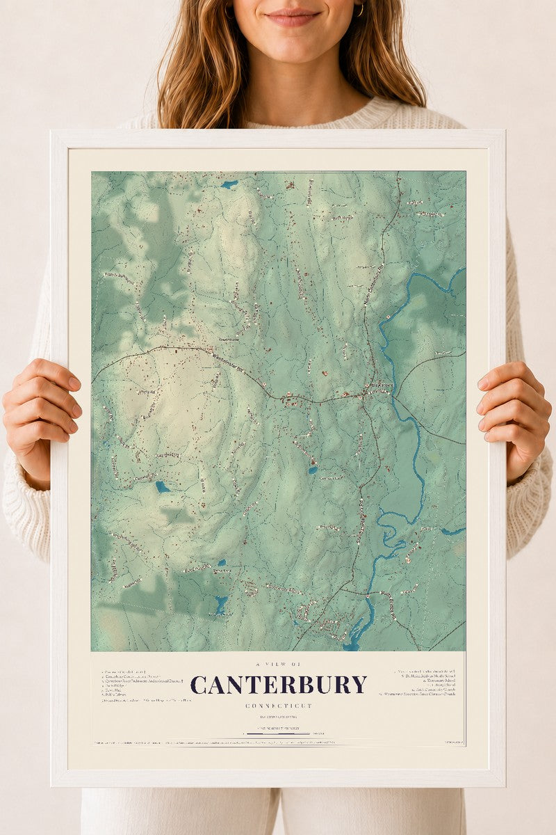 Canterbury, Connecticut map print, 18" x 24", W/ White Ayous Wood Frame