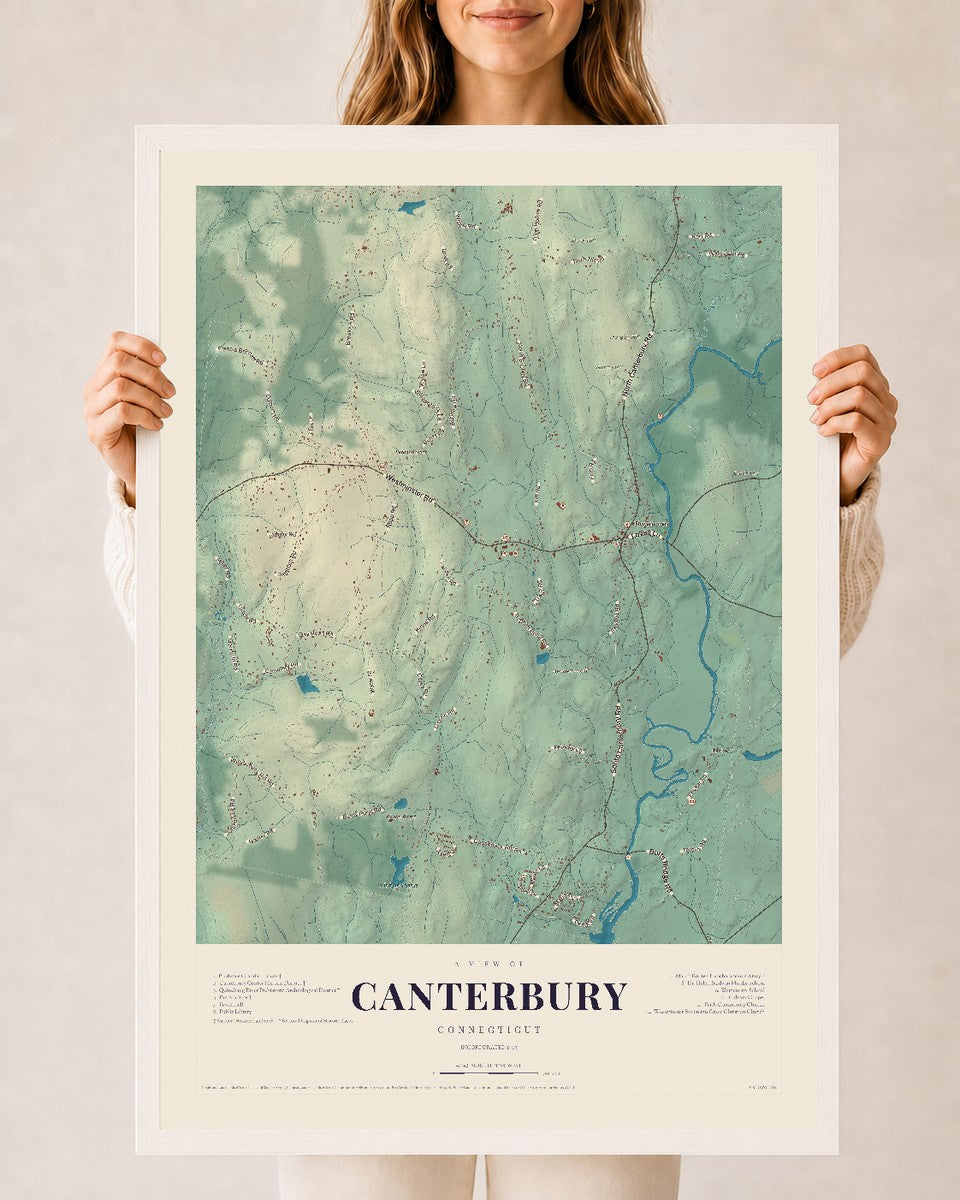 Canterbury, Connecticut map print, 24" x 36", W/ White Ayous Wood Frame