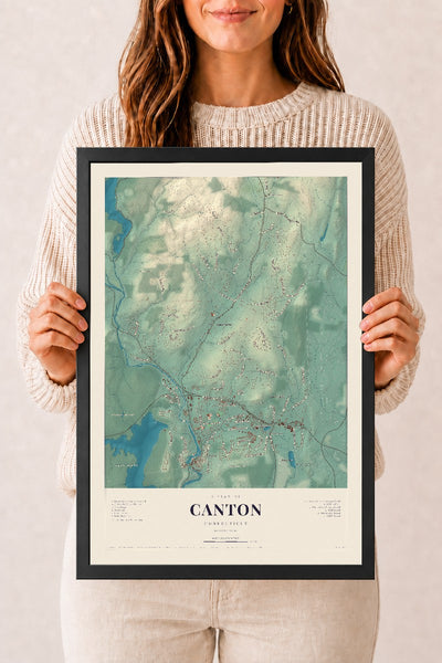 Canton, Connecticut map print, 12" x 18", W/ Black Ayous Wood Frame