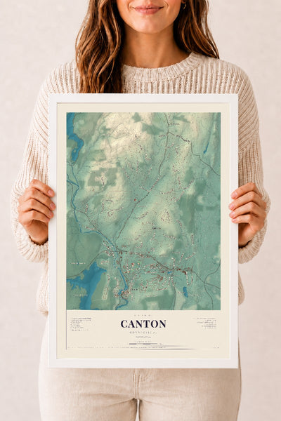 Canton, Connecticut map print, 12" x 18", W/ White Ayous Wood Frame