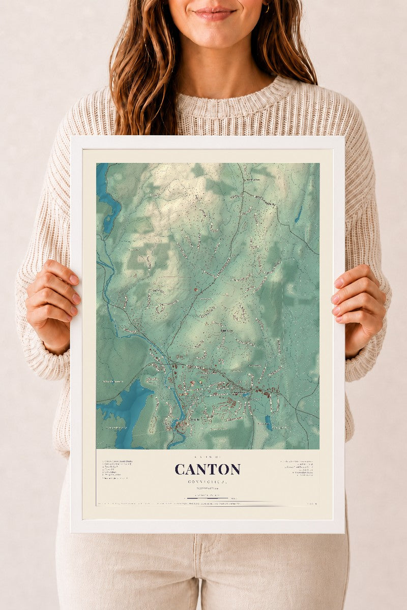 Canton, Connecticut map print, 12" x 18", W/ White Ayous Wood Frame