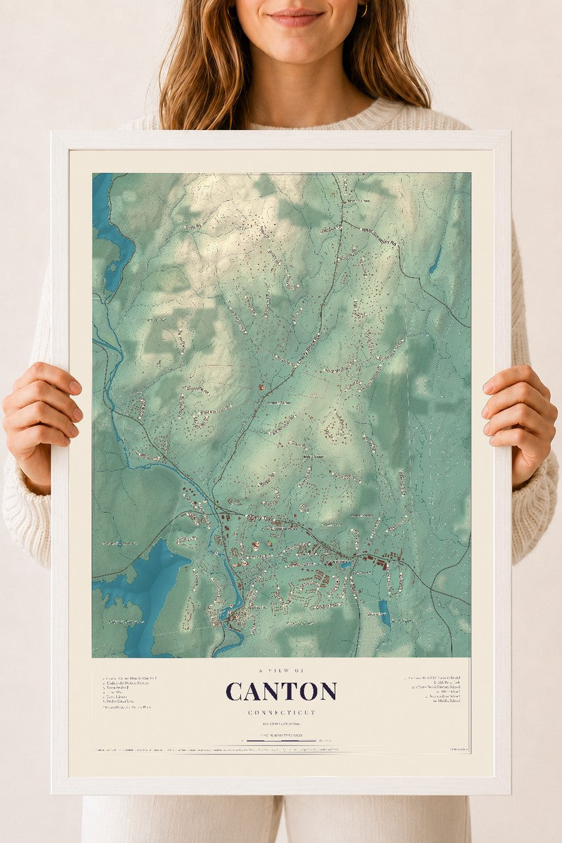 Canton, Connecticut map print, 18" x 24", W/ White Ayous Wood Frame