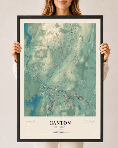 Canton, Connecticut map print, 24" x 36", W/ Black Ayous Wood Frame