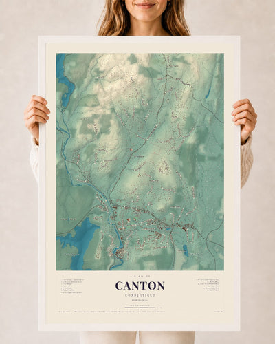 Canton, Connecticut map print, 24" x 36", W/ White Ayous Wood Frame