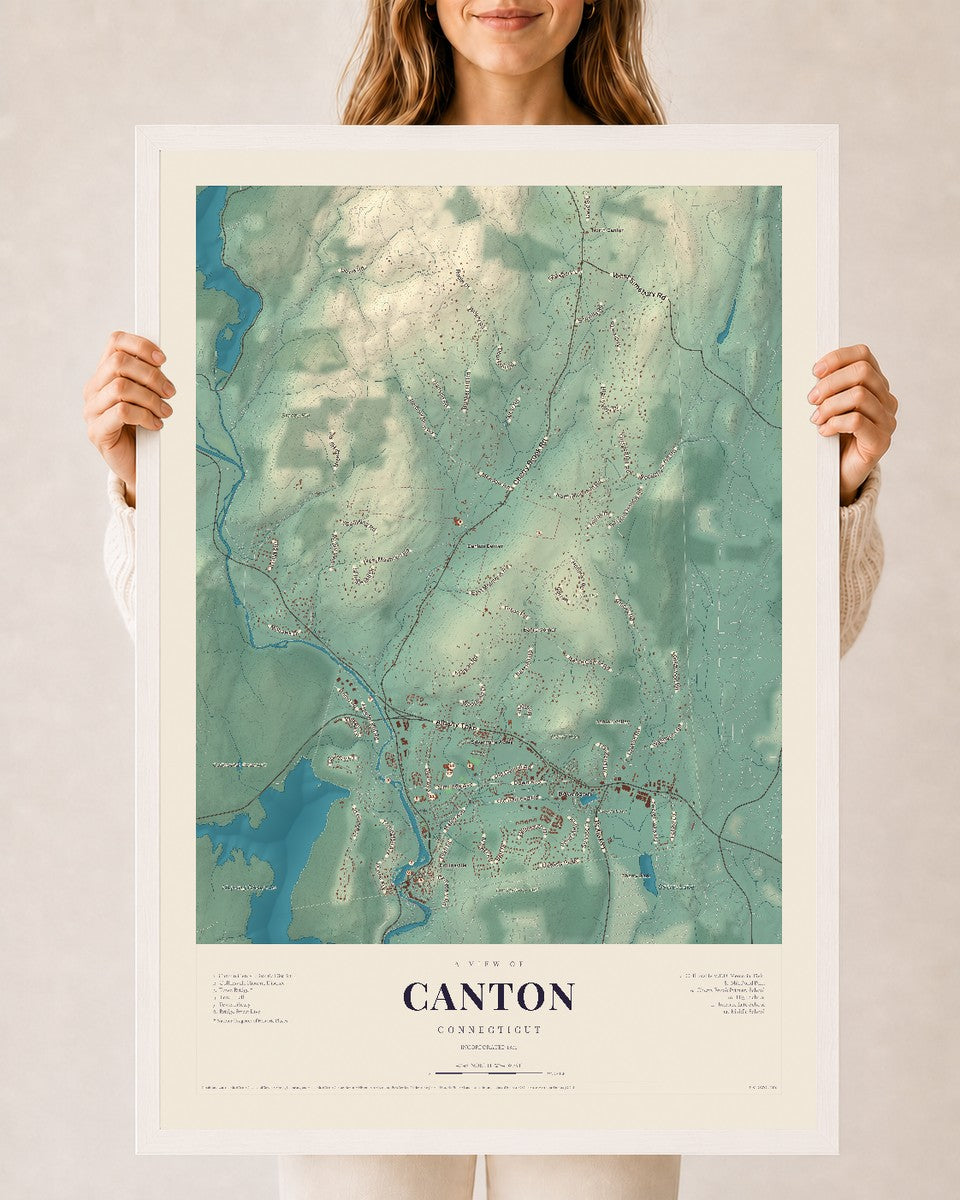 Canton, Connecticut map print, 24" x 36", W/ White Ayous Wood Frame