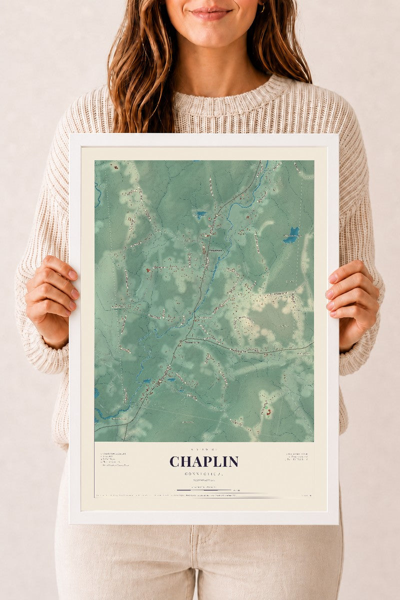 Chaplin, Connecticut map print, 12" x 18", W/ White Ayous Wood Frame
