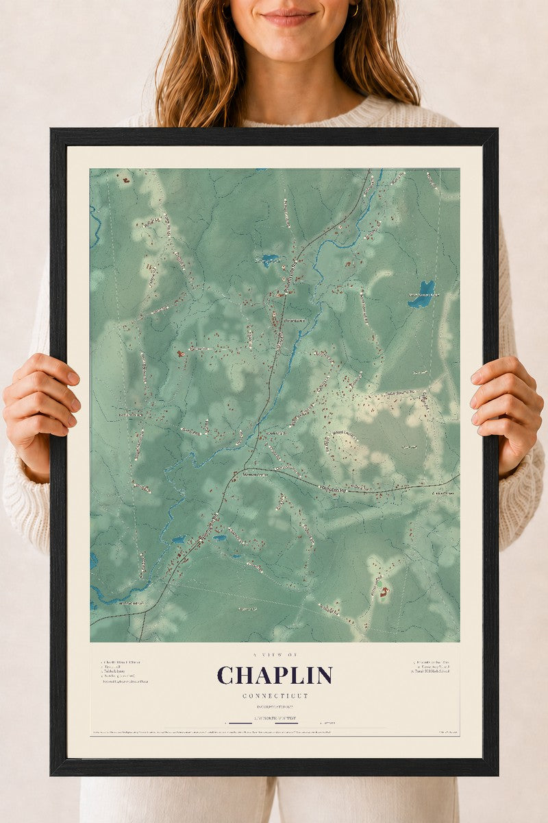 Chaplin, Connecticut map print, 18" x 24", W/ Black Ayous Wood Frame
