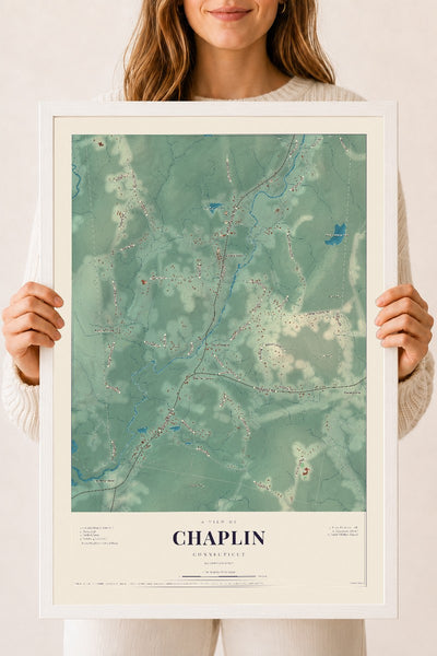 Chaplin, Connecticut map print, 18" x 24", W/ White Ayous Wood Frame