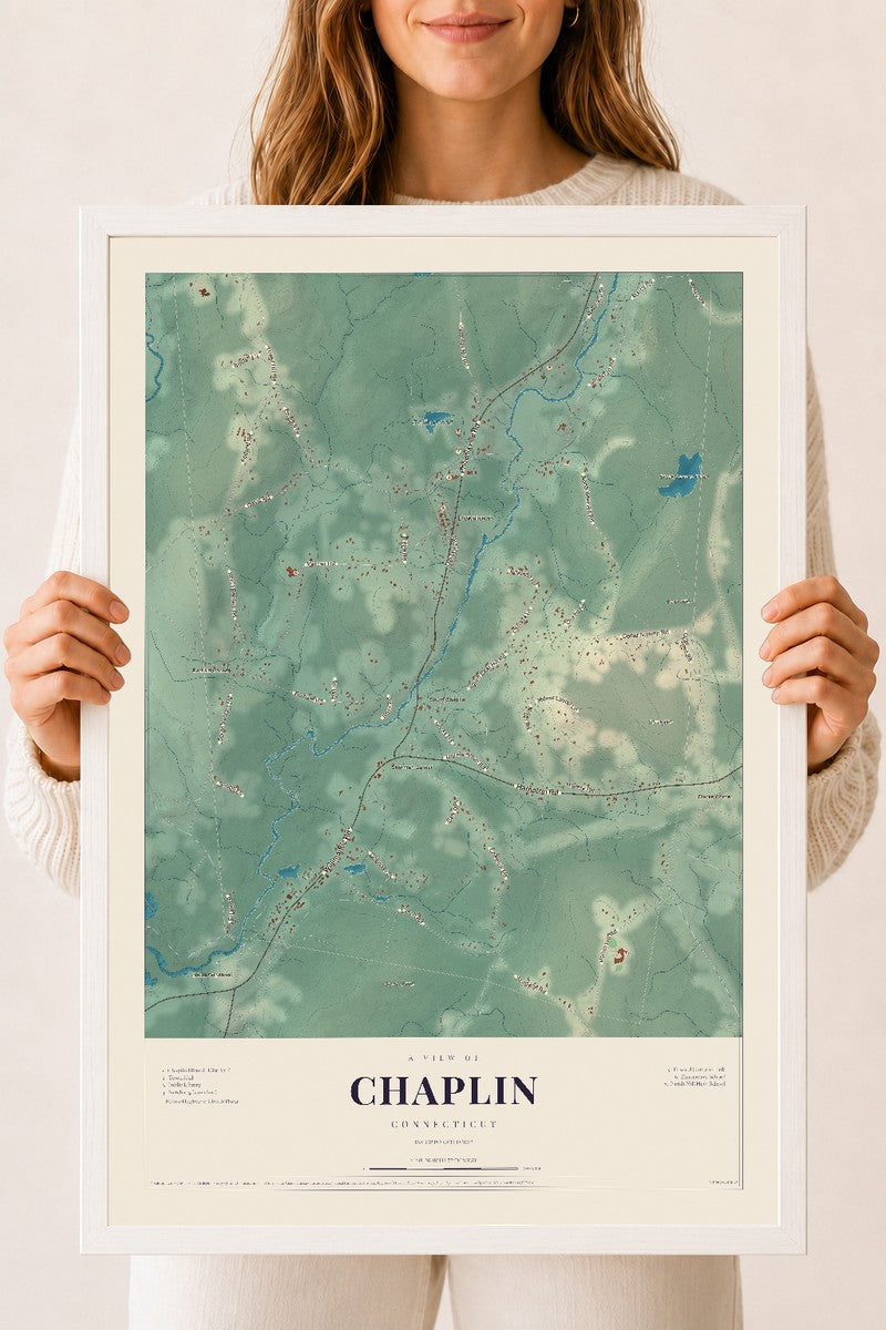 Chaplin, Connecticut map print, 18" x 24", W/ White Ayous Wood Frame