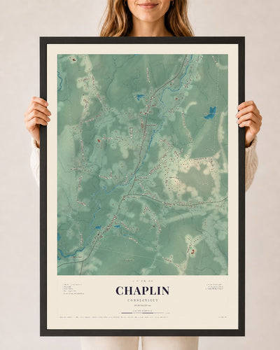 Chaplin, Connecticut map print, 24" x 36", W/ Black Ayous Wood Frame
