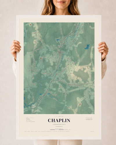 Chaplin, Connecticut map print, 24" x 36", W/ White Ayous Wood Frame