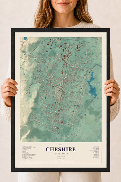 Cheshire, Connecticut map print, 18" x 24", W/ Black Ayous Wood Frame
