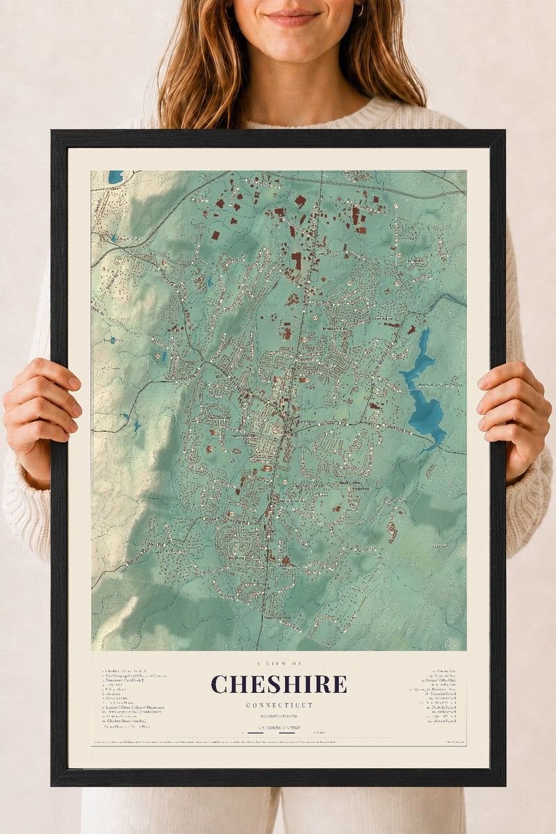 Cheshire, Connecticut map print, 18" x 24", W/ Black Ayous Wood Frame