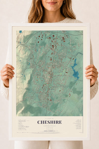 Cheshire, Connecticut map print, 18" x 24", W/ White Ayous Wood Frame
