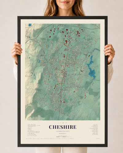 Cheshire, Connecticut map print, 24" x 36", W/ Black Ayous Wood Frame